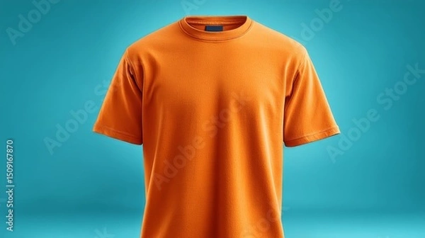 Fototapeta Plain orange t-shirt on display against a blue background with front view perspective.