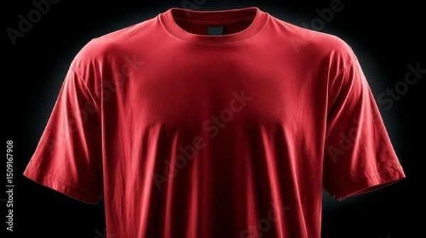 Fototapeta Realistic red t-shirt front view with dramatic lighting on black background.