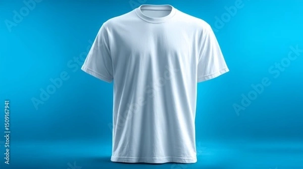 Fototapeta Plain white t-shirt floating on blue background with soft shadows and lighting.