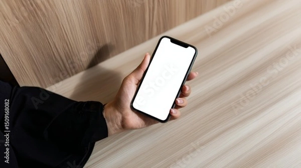 Fototapeta Hand holding smartphone with blank screen on wooden surface background.