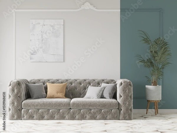 Fototapeta Mock up of a bright spacious living room with an original comfortable sofa and a stylish decorative background, 3D rendering.