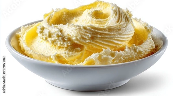 Fototapeta Creamy whipped butter in white ceramic bowl on white background close-up shot.