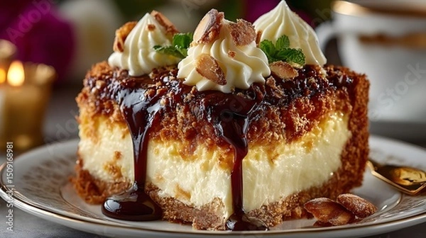 Fototapeta Close up view of a slice of cheesecake with chocolate sauce and whipped cream toppings on a plate