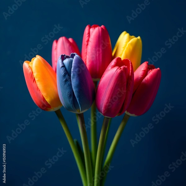 Obraz Bright multicolored tulips in a glass vase, realistic style, isolated on a clean dark blue background, concept of spring beauty and freshness