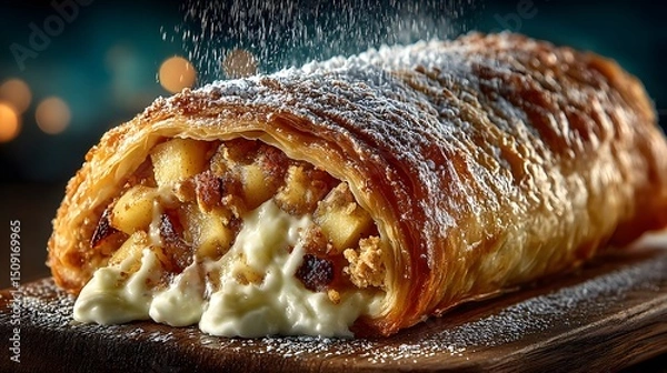 Fototapeta Close up of apple strudel with powdered sugar being sprinkled on top of it on a wooden board