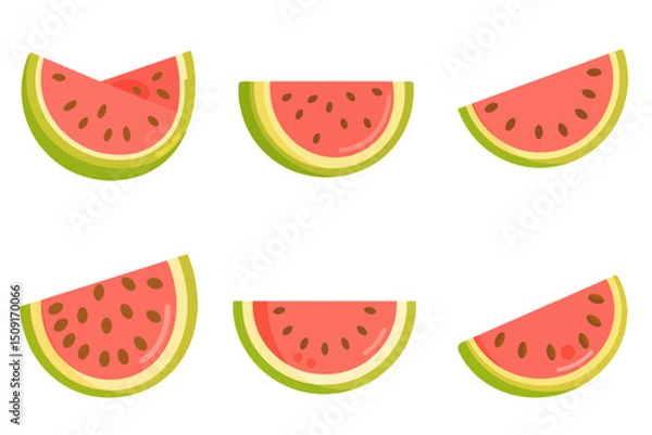 Fototapeta Vibrant Animated Watermelon Slice Vector on Neutral Gray Background. A set of four slices of watermelon on a gray background.