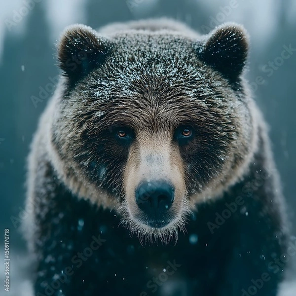 Fototapeta Close up portrait of a brown bear with snow on its fur in a winter forest environment looking forward