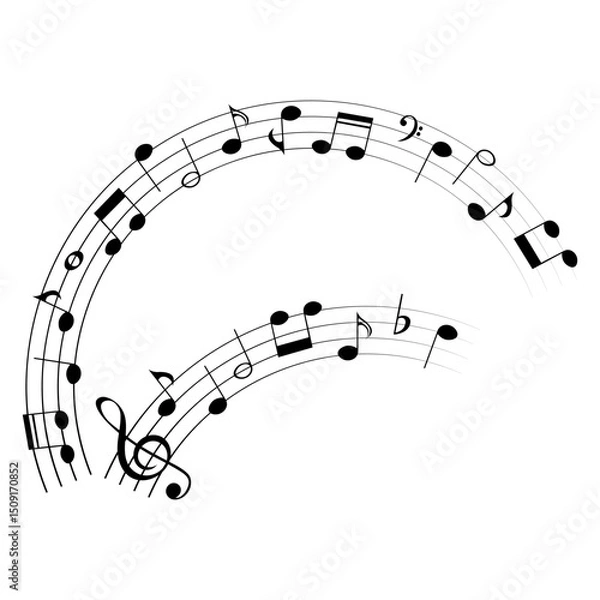 Fototapeta Music notes on rounded lines, musical set, vector illustration.