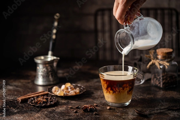 Fototapeta Coffee in a glass with cream poured over, sugar and coffee beans on dark background