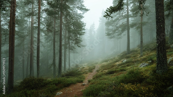 Obraz Misty Forest Path Through Pine Trees in Early Morning Fog