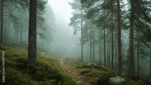Obraz Misty Forest Path Through Pine Trees in Early Morning Fog