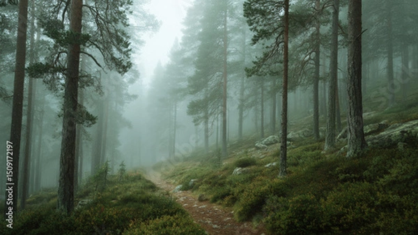 Obraz Misty Forest Path Through Pine Trees in Early Morning Fog