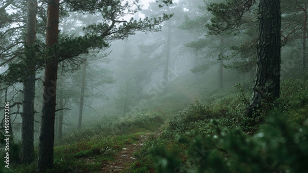 Obraz Narrow Forest Trail in a Misty Pine Woodland Covered with Green Vegetation on a Foggy Morning