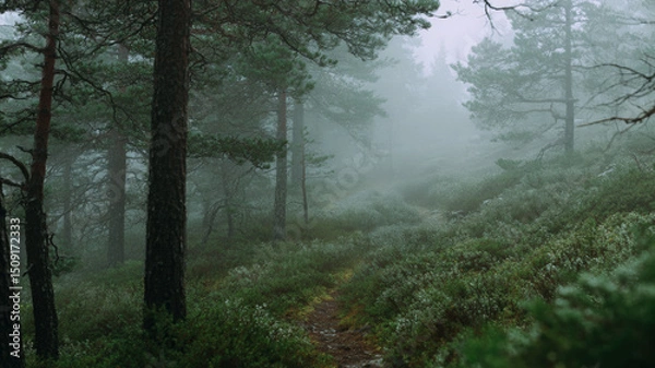 Obraz Narrow Forest Trail in a Misty Pine Woodland Covered with Green Vegetation on a Foggy Morning