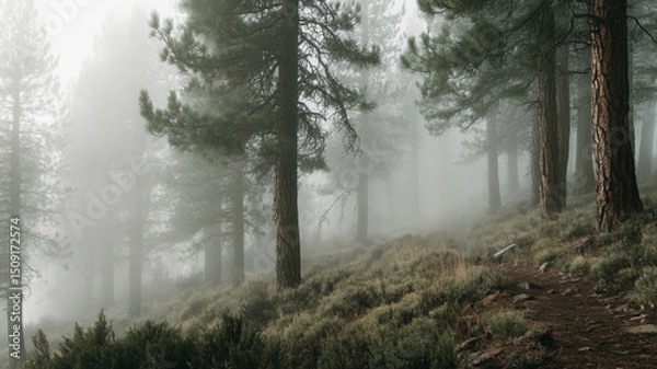 Obraz Foggy Pine Forest on a Mountain Slope with Trail and Misty Atmosphere in the Early Morning Light