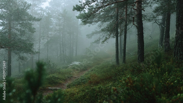 Obraz Narrow Forest Trail in a Misty Pine Woodland Covered with Green Vegetation on a Foggy Morning