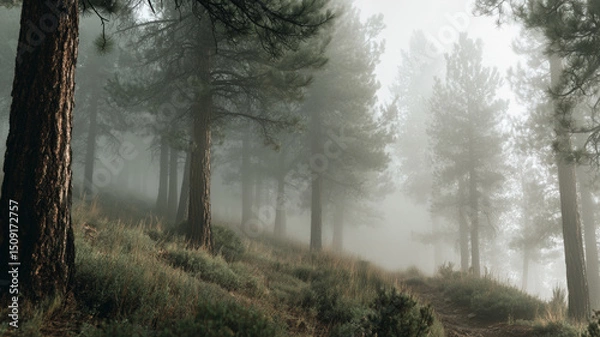 Obraz Foggy Pine Forest on a Mountain Slope with Trail and Misty Atmosphere in the Early Morning Light