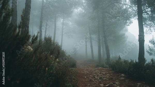 Obraz Mystical Foggy Forest Path Surrounded by Tall Pine Trees and Covered in Moss on a Quiet Morning in the Wilderness