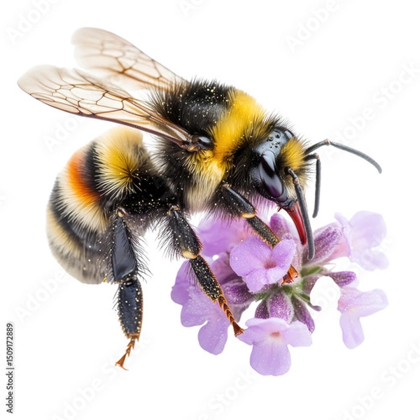Fototapeta Bumblebee Collecting Pollen with Wings Slightly Blurred Isolated PNG Transparent Cutout