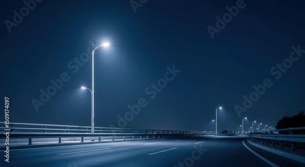Fototapeta Dark empty highway at night with bright modern streetlights illuminating the road. Urban infrastructure for transportation.
