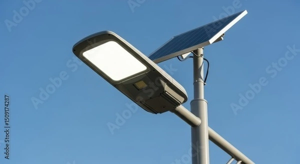 Fototapeta Solar powered street light on a pole. Modern energy saving technology for public illumination. Sustainable urban infrastructure with clear sky.