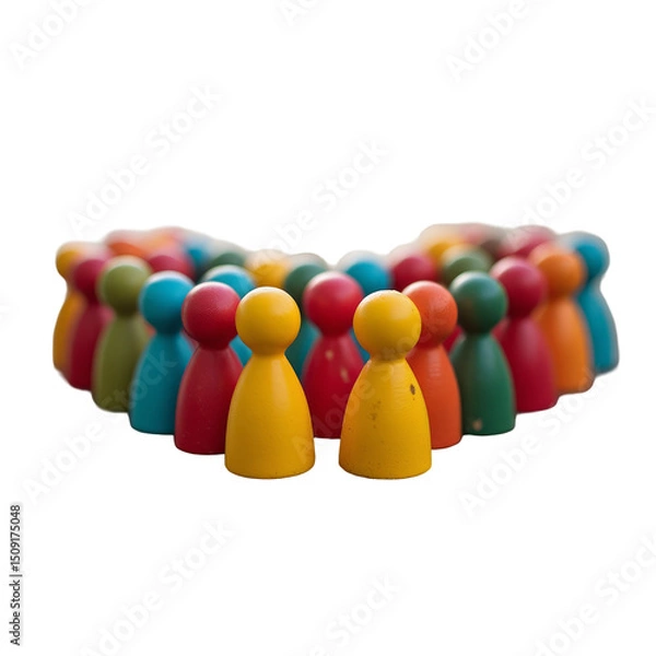 Fototapeta Multicolored Wooden Figurines Arranged in the Shape of a Heart – Multicolored wooden figurines arranged in the shape of a heart on a textured wooden surface.