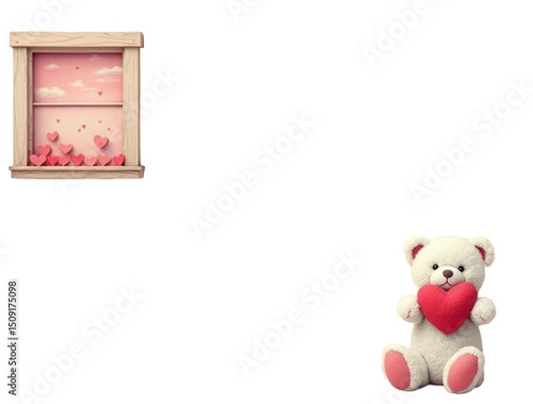 Fototapeta A Charming Valentine’s Day Composition Featuring a Small White Teddy Bear Holding a Red Heart Seated on a Soft Background