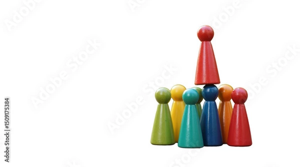 Fototapeta Multicolored Wooden Figurines Stacked in a Pyramid Formation on a Textured Wooden Surface