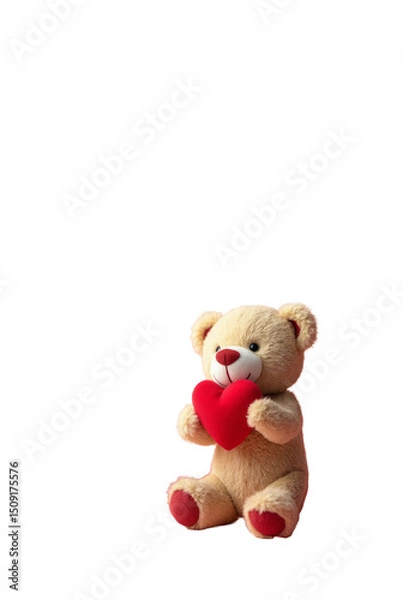 Fototapeta A Playful Valentine’s Day Scene Featuring a Small Plush Teddy Bear Holding a Red Heart Positioned in Front of a Soft Background