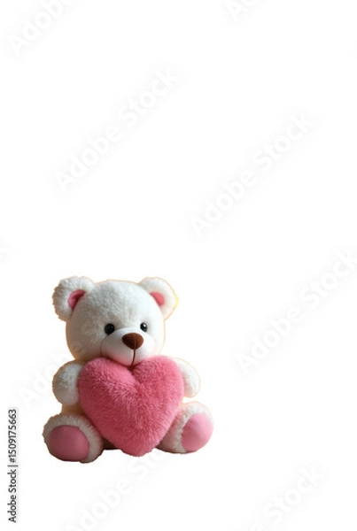 Fototapeta A Glamorous Valentine’s Day Setup Featuring a Small White Teddy Bear Holding a Plush Pink Heart Seated on a Soft Background