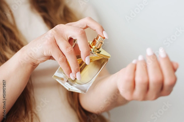Fototapeta Applying perfume on wrist. Elegant woman using golden fragrance bottle. Close-up of beauty routine. Luxury scent and personal care. Classic spray gesture with stylish packaging design.
