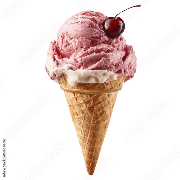 Obraz Delicious Pink Ice Cream with Cherry on Wafer Cone Treat Isolated on a Transparent Background