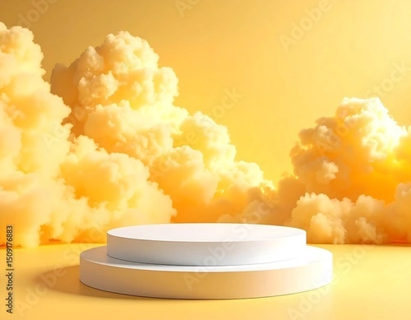 Obraz Two-tiered white platform against a yellow, cloudy backdrop