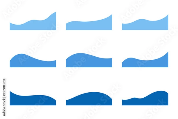 Fototapeta A set of modern shapes of the lower dividers, various wavy bends for a banner, website, application, vector illustration. Blue abstract graphic design elements, icons for the title, frame, background