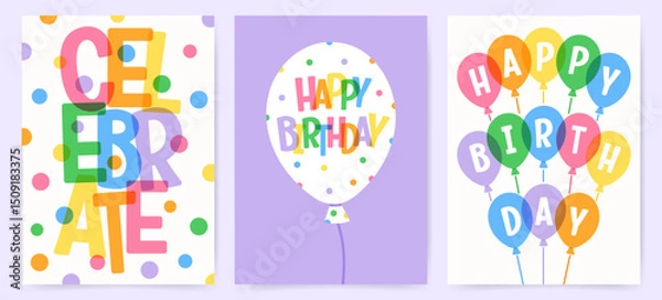 Fototapeta Set of Happy Birthday greeting cards with balloons, confetti, and playful typography. Celebrate poster. Flat hand drawn vector illustration with overlay effect