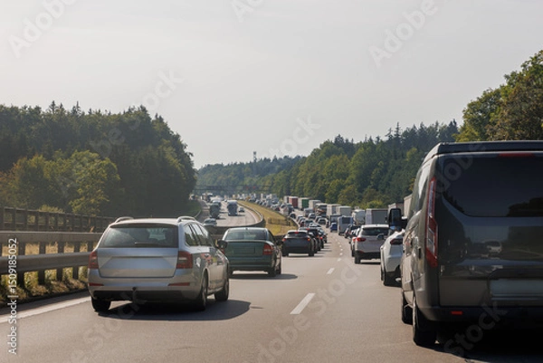 Fototapeta Back tail view of many cars stuck in row at highway road traffic jam cold overcast rainy winter day at Europe. Automobile accident vehicle rush hour collapse. Transportation vacation seasonal stuck