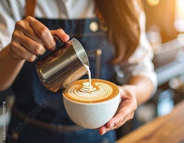 Obraz A barista crafting intricate latte art in a cozy café setting, with a focus 
