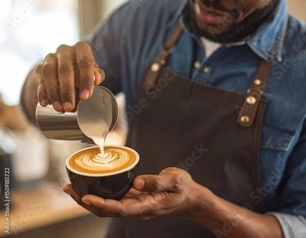 Obraz A barista crafting intricate latte art in a cozy café setting, with a focus 
