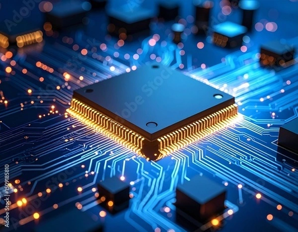 Obraz A close-up of a microchip with intricate circuits, illuminated to highlight its compl 