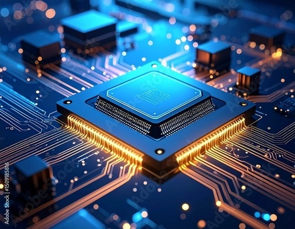 Obraz A close-up of a microchip with intricate circuits, illuminated to highlight its compl 