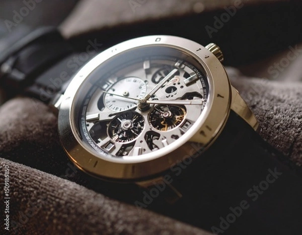 Obraz A close-up shot of a luxury wristwatch with intricate mechanical details, placed