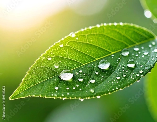 Obraz Close-up of a vibrant green leaf adorned with glistening water droplets, bathed in soft sunlight
