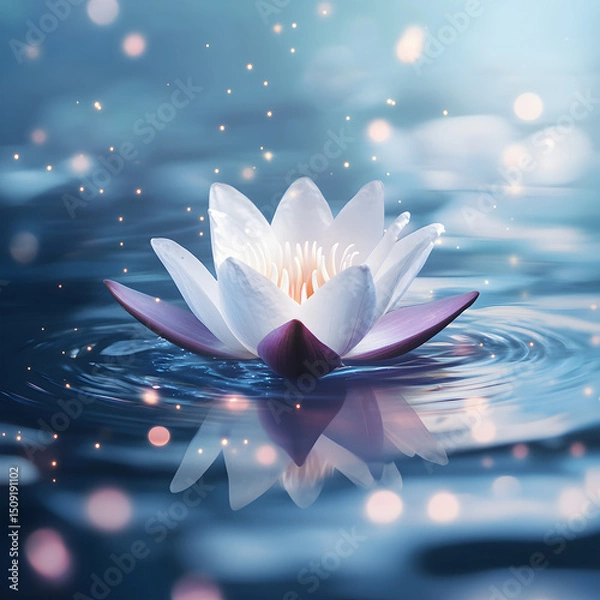 Fototapeta Surreal Fantasy Scene of White Lotus on Water with Magical Sparkles and Soft Focu