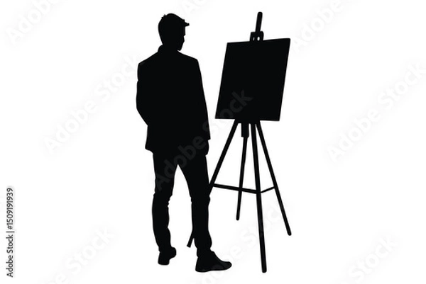 Fototapeta Silhouette Of Person Standing In Front Of Easel Silhouette Vector Art Illustration