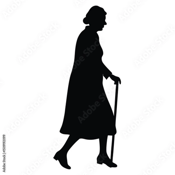 Fototapeta Silhouette Of Elderly Woman Walking Outdoor Scene Silhouette Vector Art Illustration