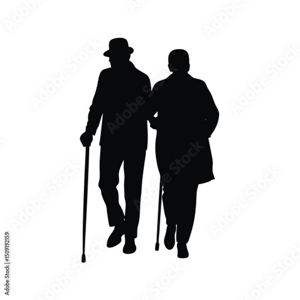 Fototapeta Silhouette Of Two Elderly People Walking Together Silhouette Vector Art Illustration