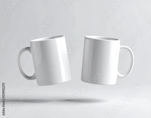 Obraz Two blank white mugs levitate against a light grey background