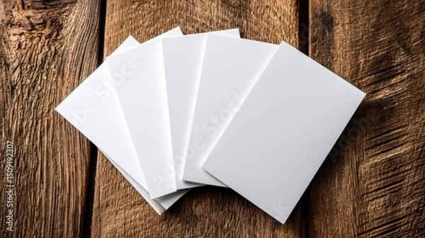 Fototapeta Ultra quality image of closeup mockup of four blank vertical business cards at brown wooden table background.
