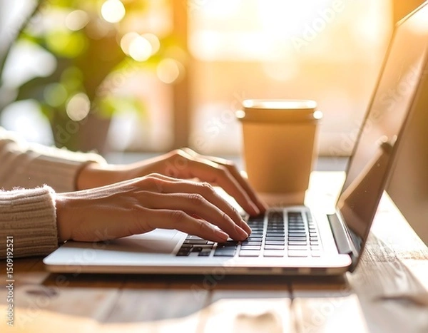 Obraz Person's hands typing on laptop in sunlight