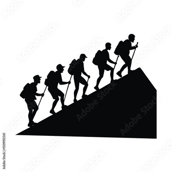 Fototapeta Team Of Hikers Climbing Hill Outdoor Adventure Silhouette Vector Art Illustration